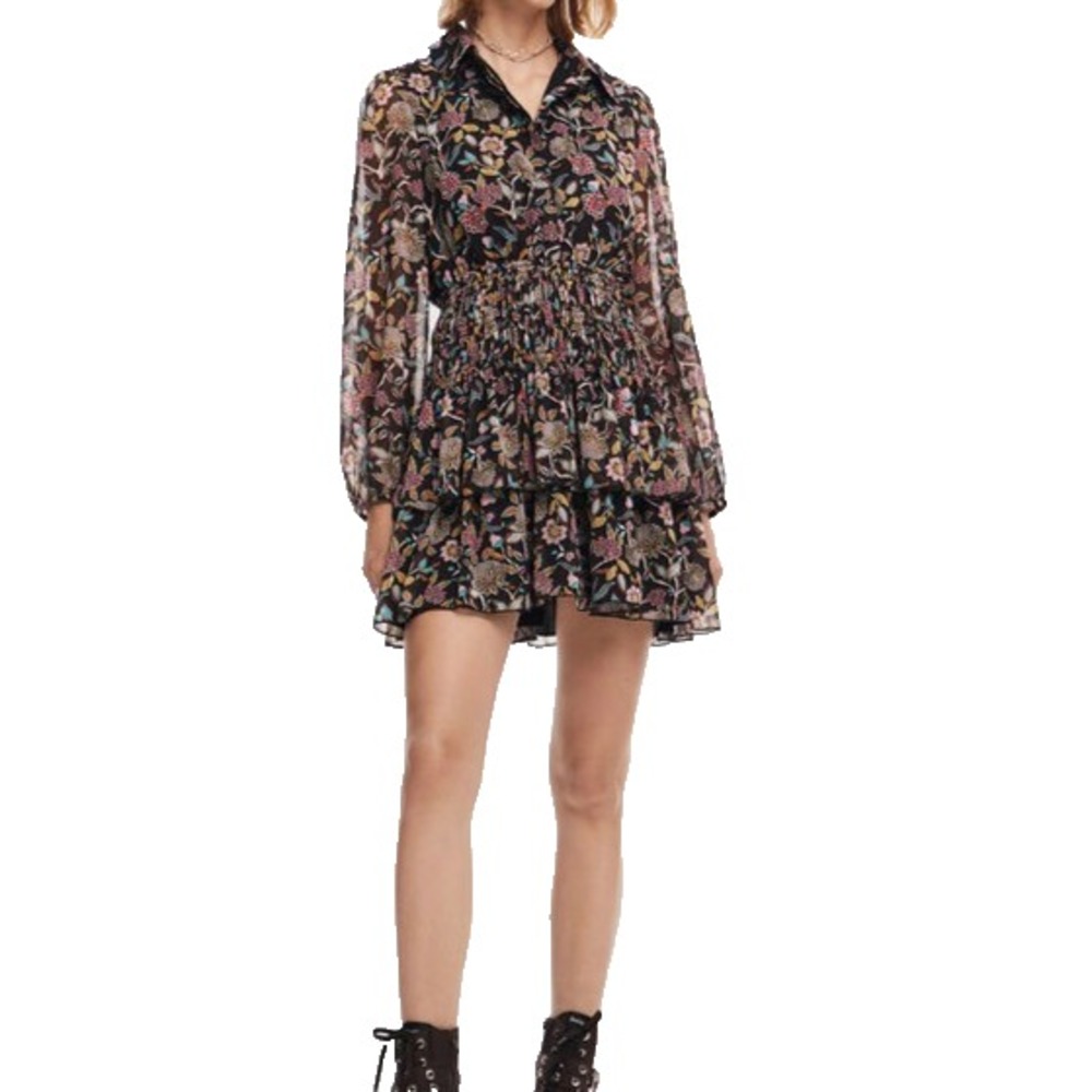 Desigual Mini Dress Sandalo Floral Smocked Waist Long Sleeve Chiffon